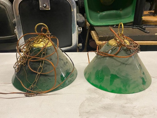 Two Vintage Hanging Lights w/ Green Shades