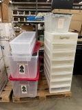 Pallet of Plastic Totes and Stacking Single Drawer Organizers