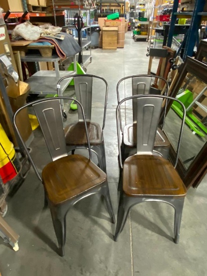 Lot of 4, Costway Metal Dining Chair w/ Wood Seat, Indoor/Outdoor, Gun Metal Grey, Stackable