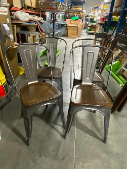 Lot of 4, Costway Metal Dining Chair w/ Wood Seat, Indoor/Outdoor, Gun Metal Grey, Stackable