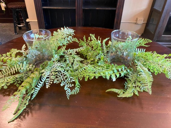 Pair of Centerpieces w/ Artificial Greens and Glass Vases or Candle Holders