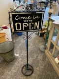 Iron Stand w/ Metal Double-Sided Sign - Open / Closed (As-Is, Need Hardware to Connect Sign to Post)