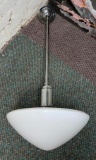Antique Pendant Light Fixture w/ Milk Glass Globe, Chrome Stem & Ceiling Plate, 36in x 16in