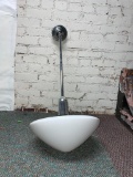 Antique Pendant Light Fixture w/ Milk Glass Globe, Chrome Stem & Ceiling Plate, 36in x 16in