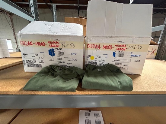 2 Boxes of T-Shirt Blanks, 33-XL, 30-XXL, GILDAN 64000 MILITARY GREEN