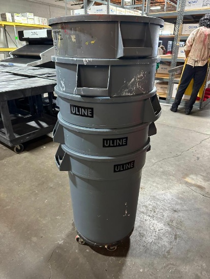 Lot of 5 Brute Trash Cans, 1 Dolly