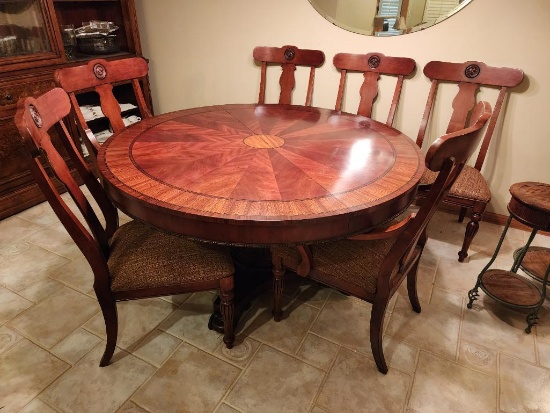 Ethan Allen Table & Six Chairs 66 Inch Diameter & One Leaf 20 Inches Wide
