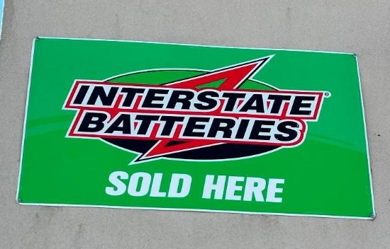 Large Metal Interstate Batteries Sold Here Sign, Approx. 72in