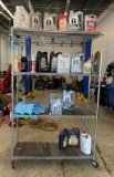 Mobile Chrome Shelving Unit w/ Inventory of Unopened Oil & Antifreeze (2nd Shelf Has Open Product)