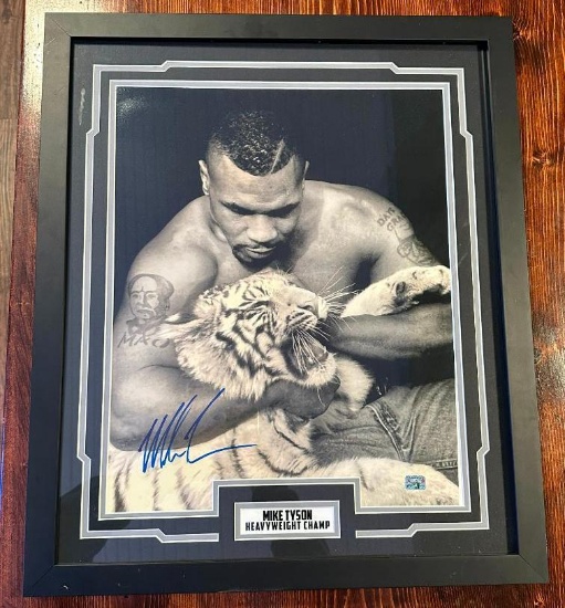 Mike Tyson w/ Tiger 22in x 26in Signed Custom Framed Photo w/ Fiterman COA