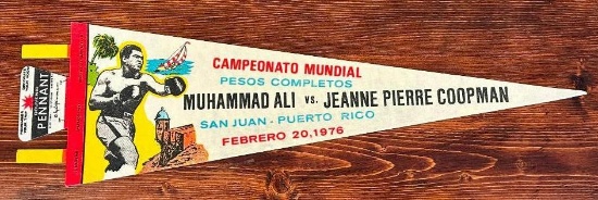 Muhammad Ali vs Jeanne Pierre Coopman Souvenir Pennant, NOS c. 1976