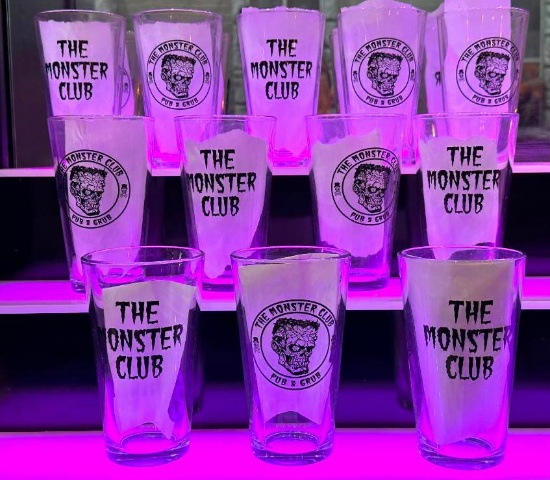 Lot of 12 Monster Club Glass Pint Beer Glasses, 2 Sided Design