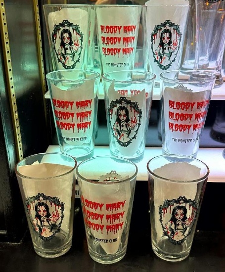 Lot of 9 Monster Club Bloody Mary Pint Glasses, 2 Sided Design, Glass