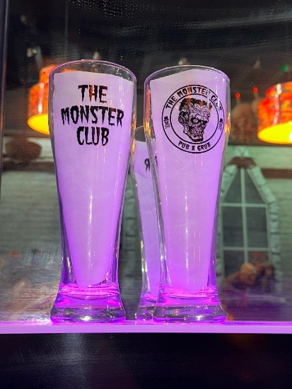 Lot of 2 Monster Club 23oz Giant Beer Glasses, Libbey 1610, 2 Sided Design