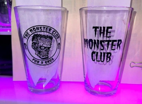 Lot of 2 Monster Club Glass Pint Beer Glasses, 2 Sided Design