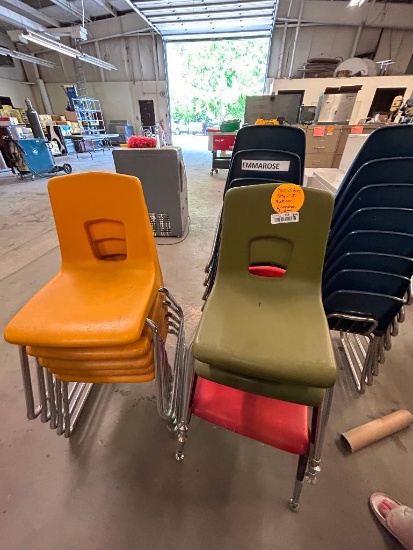 Lot of 8 Small Plastic School Chairs, Small to Medium, in Green & Yellow