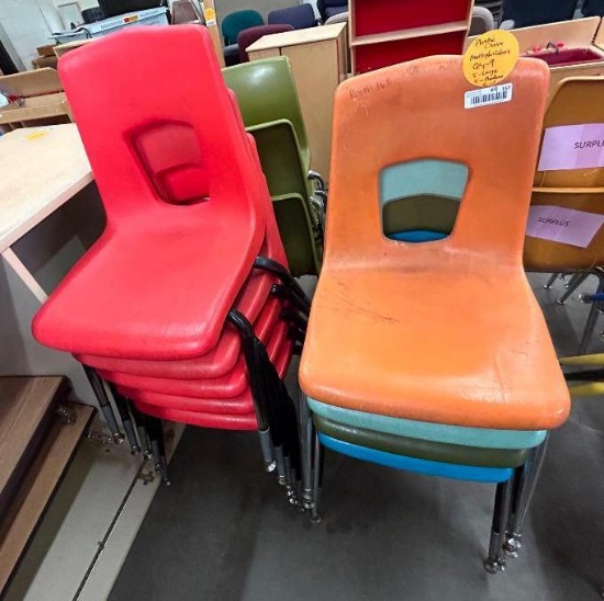 (9) Plastic School Chairs, Medium to Large, Assorted Colors