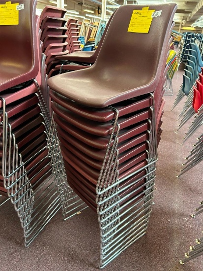 (12) Burgundy Plastic Scoop Seat Metal Sled Leg Chairs 19"