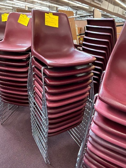 (12) Burgundy Plastic Scoop Seat Metal Sled Leg Chairs 19"