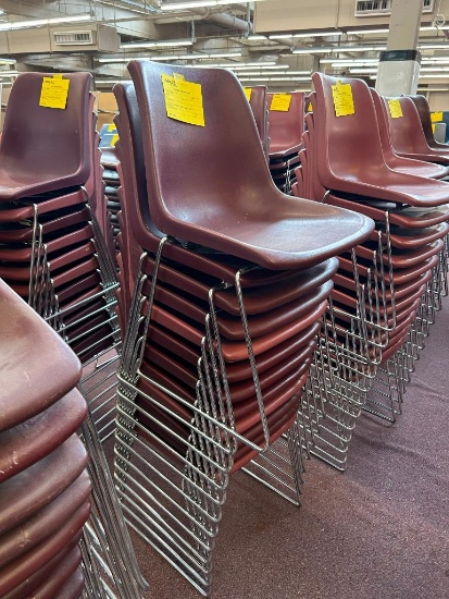 (12) Burgundy Plastic Scoop Seat Metal Sled Leg Chairs 19"