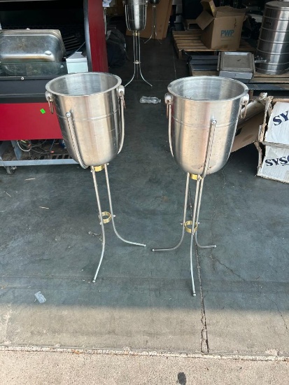Lot of 2 Stainless Steel Champagne or Bottle Service Buckets w/ Stands
