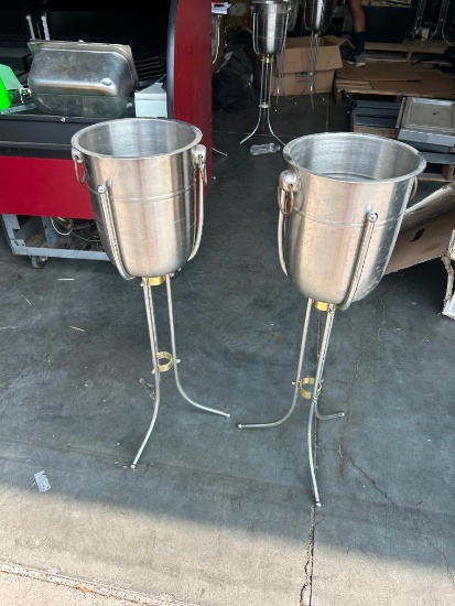 Lot of 2 Stainless Steel Champagne or Bottle Service Buckets w/ Stands