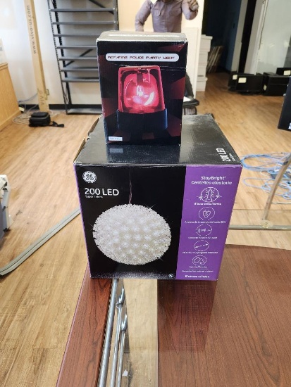 Lot of 2 Rotating Police Party Light & GE Staybright 200 LED Light Hanging Sphere