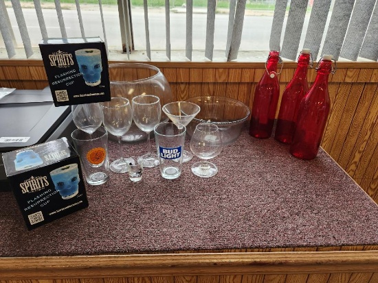 Group of Glassware; Wine Glasses, Spirits Halloween Cups, Red Water Bottles, etc