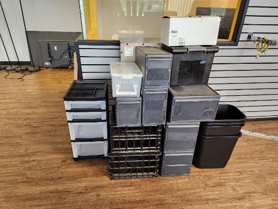 Assorted Plastic Storage, Drawers, Trash Cans