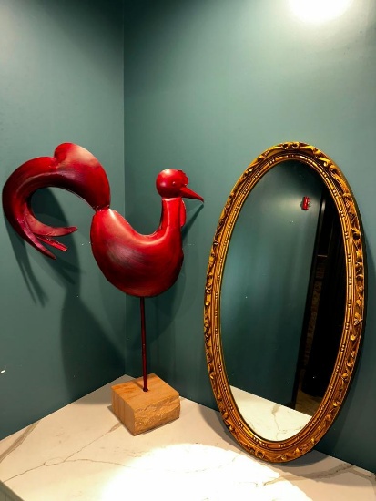 Tin Rooster on Stand (36in) and Oval Mirror (36in)