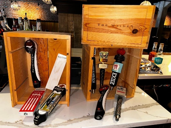 9 Tap Handles, 3 Wood Wine Boxes