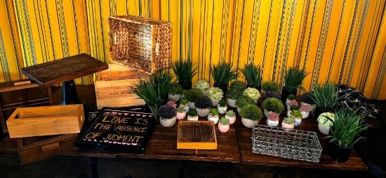 Nice Solid Wood Display Stand, Several Artificial Center Pieces, Wood Containers