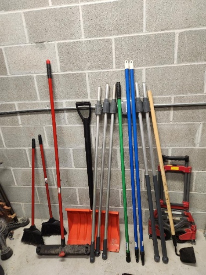 Group of Tools, Shovels, Brooms, Janitorial Handles, Folding Cart, Hoe