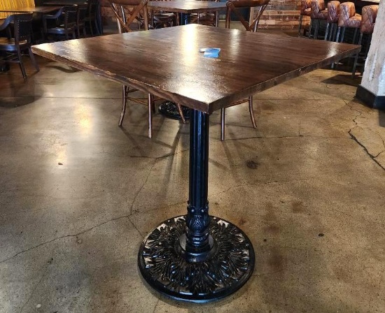 Hardwood High-Top Pub Table w/ Ornate Iron Base, 42in H x 36in x 36in