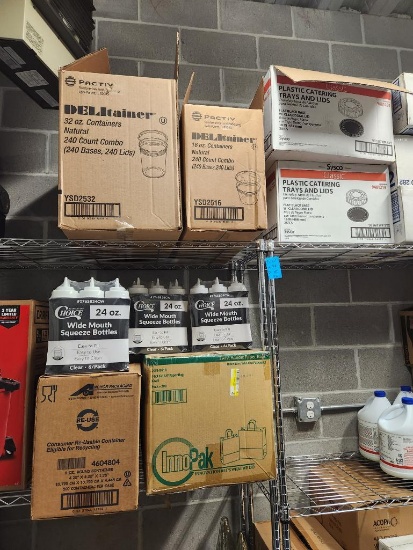 Large Group of Supplies, Wide Mouth Squeeze Bottles, Containers, Takeout Bags, Catering Trays and