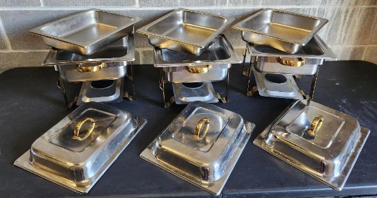 Three Half-Size Chafing Pan Servers w/ Bases, Lid/Covers, Pans - Sold 3x$