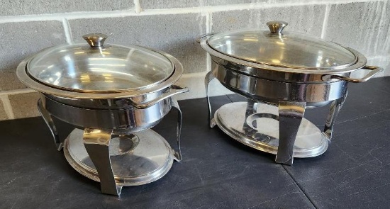 Lot of 2 Round Chafing Pan Servers w/ Base, Lids/Covers and Pans, Sold 2x$