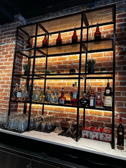 Custom-Made Polished Steel Black Square Tube Back Bar Shelving Unit w/ Lights