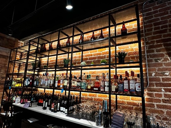 Custom-Made Polished Steel Black Square Tube Back Bar Shelving Unit w/ Lights