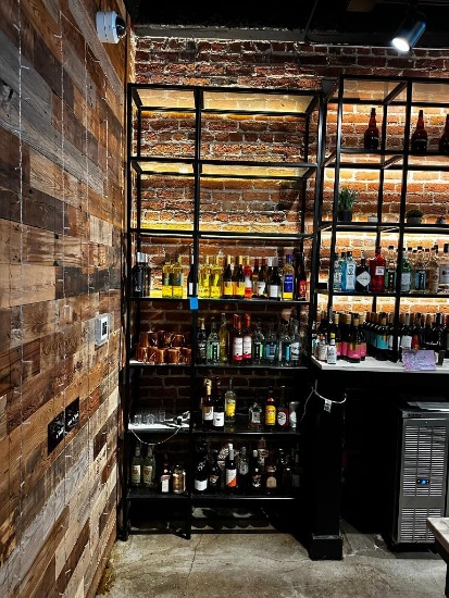 Custom-Made Free-Standing Polished Steel Black Square Tube Back Bar Shelving Unit w/ Lights