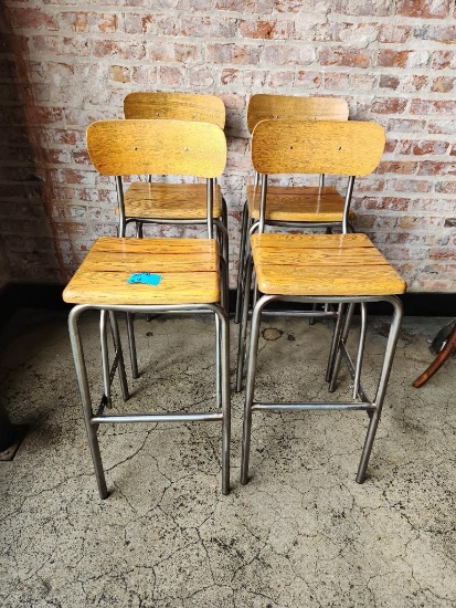 Lot of 4 Top-Quality Hardwood and Steel High Top Pub Stools, 30in Seat Height