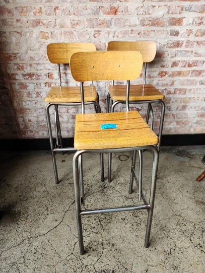 Lot of 3 Top-Quality Hardwood and Steel High Top Pub Stools, 30in Seat Height