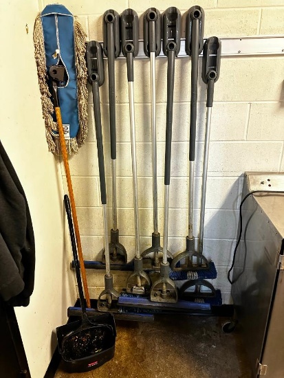 Commercial Janitorial Equipment w/ Wall-Mount Rack, Brooms, Mops, Squeegees and More