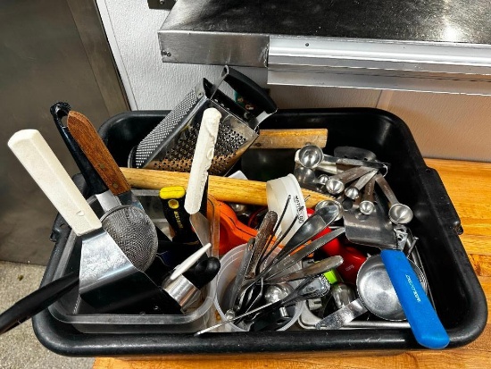 Large Tote of Good Kitchen Utensils, Graters, Measuring Spoons, Spatula, See Image