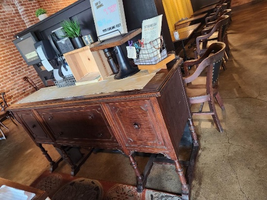 Antique Host Stand / Buffet, 2 Center Drawers, 2 Side Doors, Unrestored 72in x 22in x 40in H