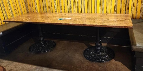 Long Hardwood Restaurant Table w/ Two Ornate Iron Bases, 94in x 30in H