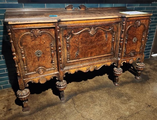 Antique Sideboard w/ Ornate Turned Legs, 2 Center Drawers, 2 Side Doors, 66in x 22in x 41in H