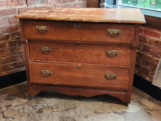Antique 3-Drawer Chest of Drawers, Brass Pulls, Unrestored, Top Has Scratches and Scuffs