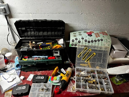Group of Tools, Hardware, Likely Some Brewing Supplies, Shelf, DeWalt Cordless Drill