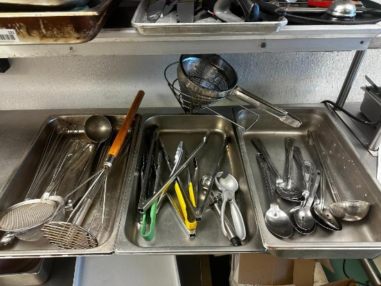 Group of Kitchen Utensils, Serving Spoons, Strainers, Masher, Etc.